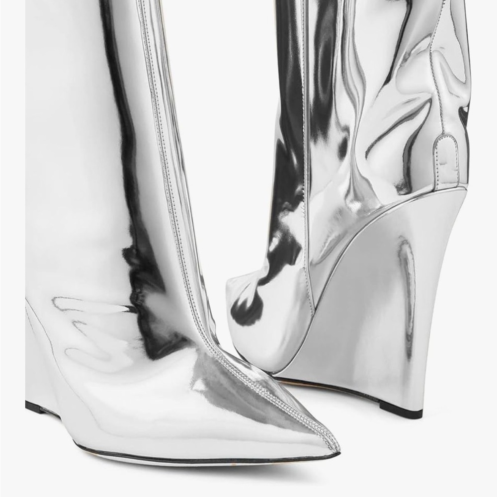 Silver Patent Wedge Knee Boots - Women's High Heel Boots